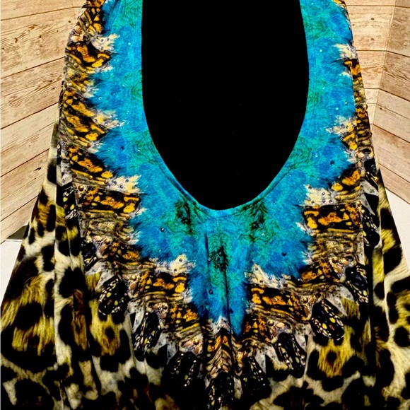 RARE! EUC Camilla Long Halter Dress Leopard Peacock Feather V Neck Studs Crystal - Picture 2 of 8